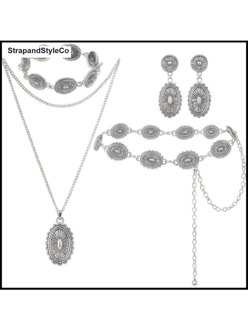 Western Jewelry Set Adjustable Belt Layered Necklace Earrings Bracelet